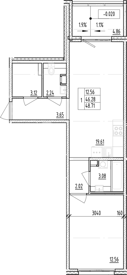 Планировка — ЛесART, 1-комн., 46 м²