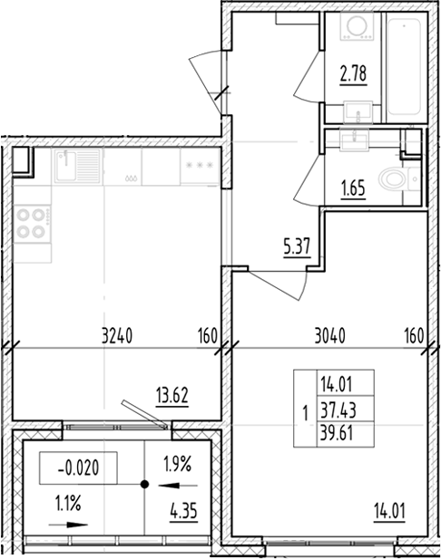 Планировка — ЛесART, 1-комн., 37 м²