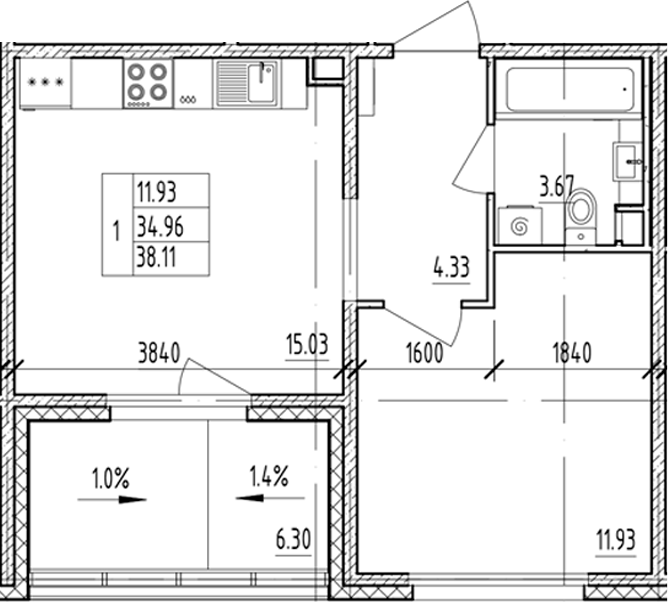 Планировка — ЛесART, 1-комн., 35 м²