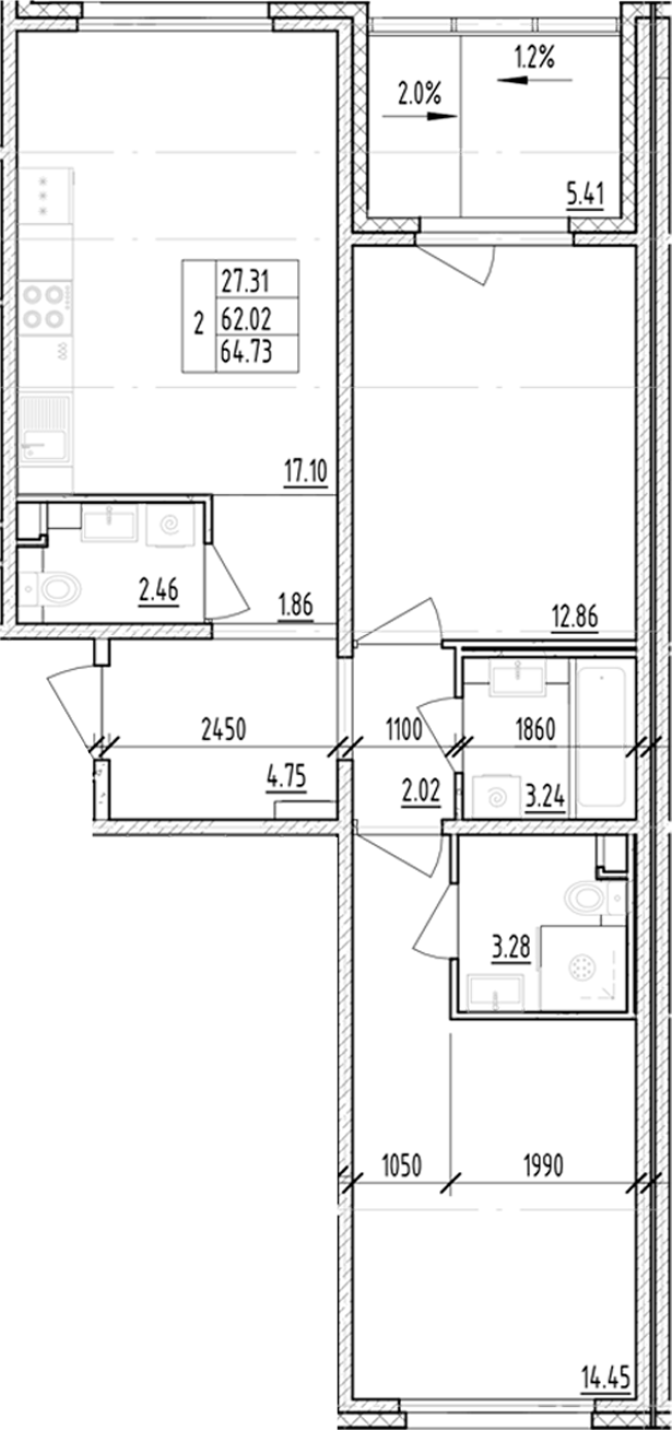 Планировка — ЛесART, 2-комн., 62 м²