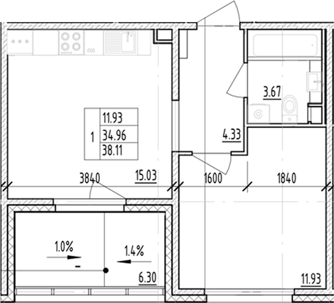 Планировка — ЛесART, 1-комн., 35 м²