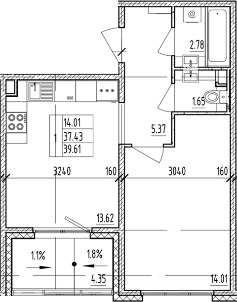 Планировка — ЛесART, 1-комн., 37 м²
