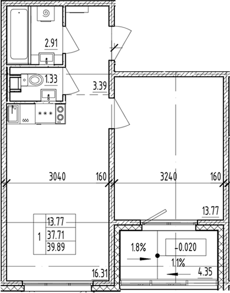 Планировка — ЛесART, 1-комн., 38 м²