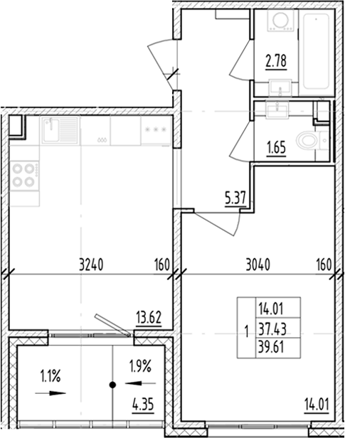 Планировка — ЛесART, 1-комн., 37 м²
