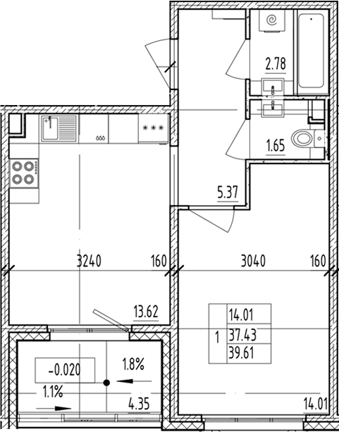 Планировка — ЛесART, 1-комн., 37 м²