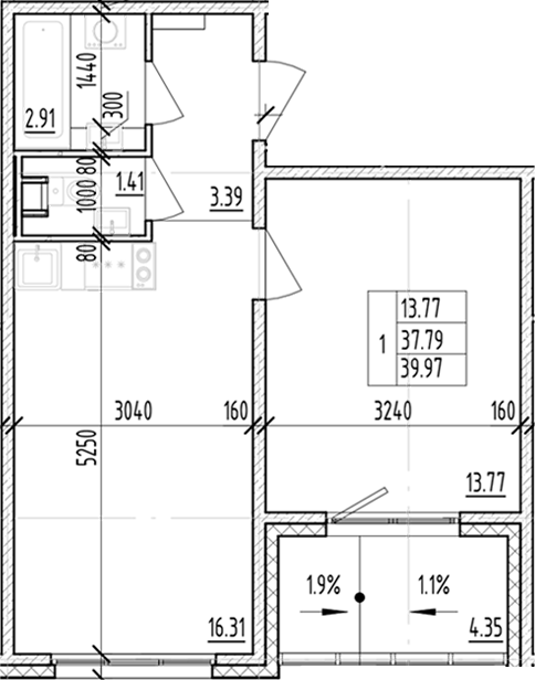 Планировка — ЛесART, 1-комн., 38 м²