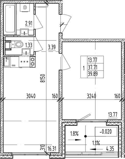 Планировка — ЛесART, 1-комн., 38 м²