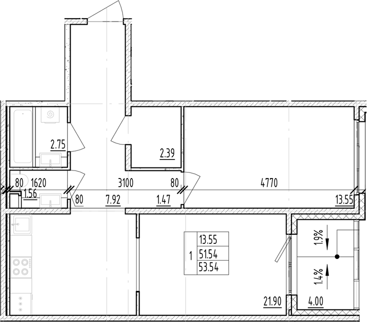 Планировка — ЛесART, 1-комн., 52 м²