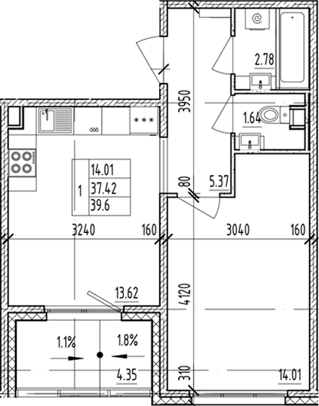 Планировка — ЛесART, 1-комн., 37 м²