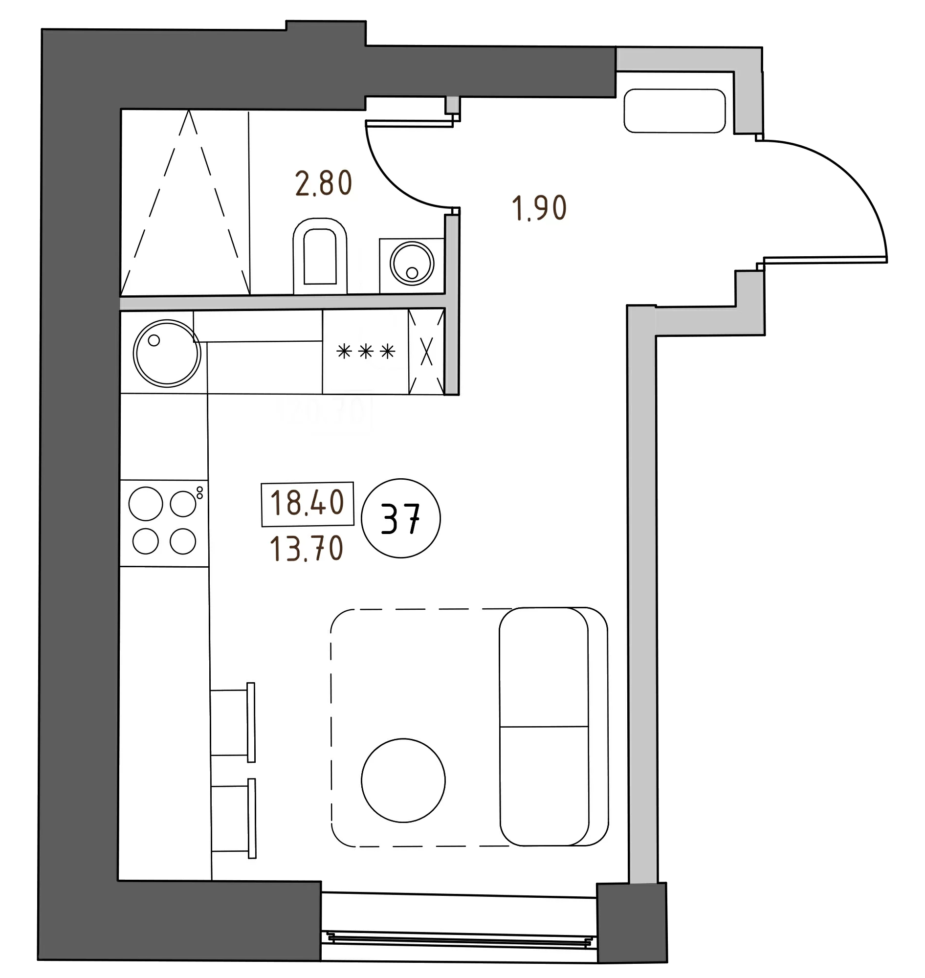 Планировка — Швецова, 4, Студия, 18 м²
