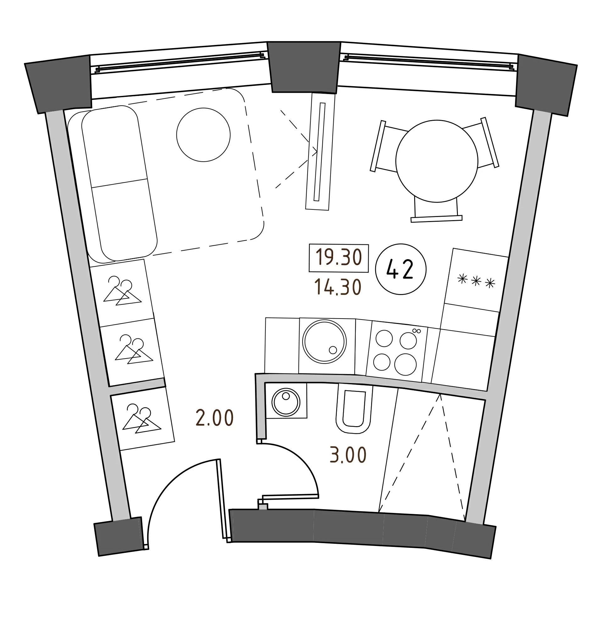 Планировка — Швецова, 4, Студия, 19 м²