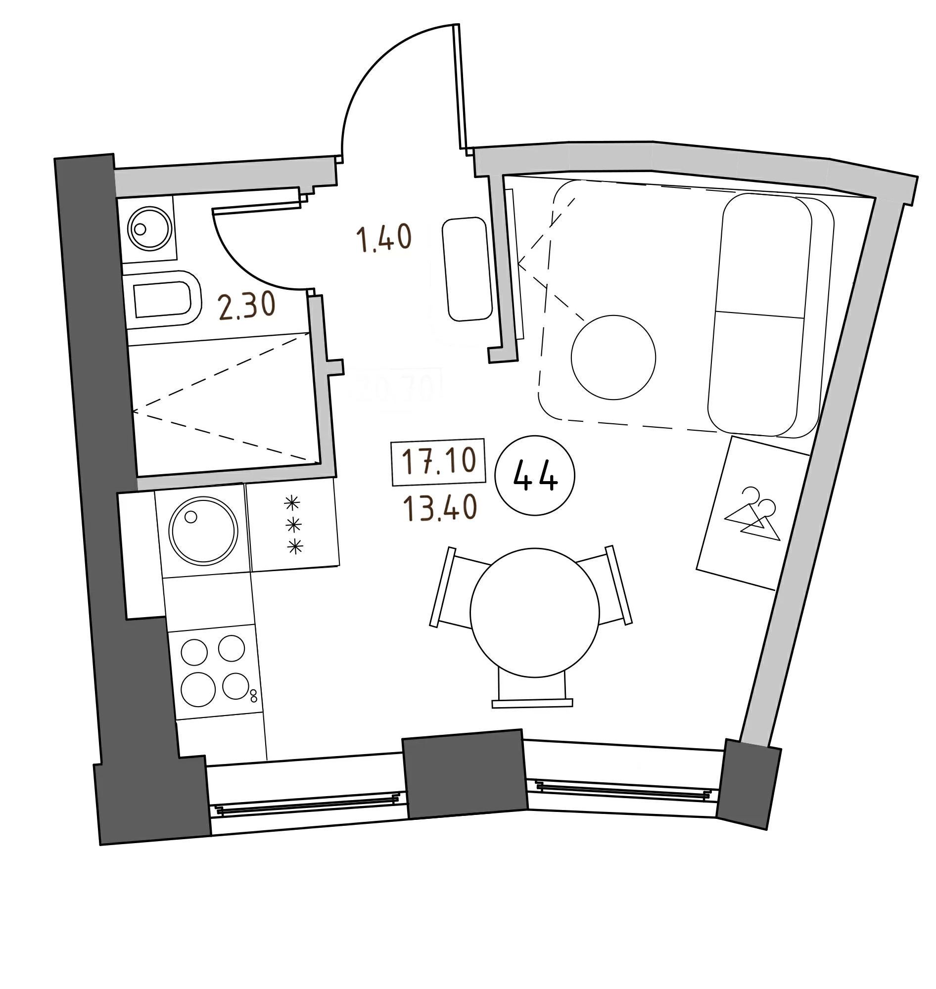 Планировка — Швецова, 4, Студия, 17 м²