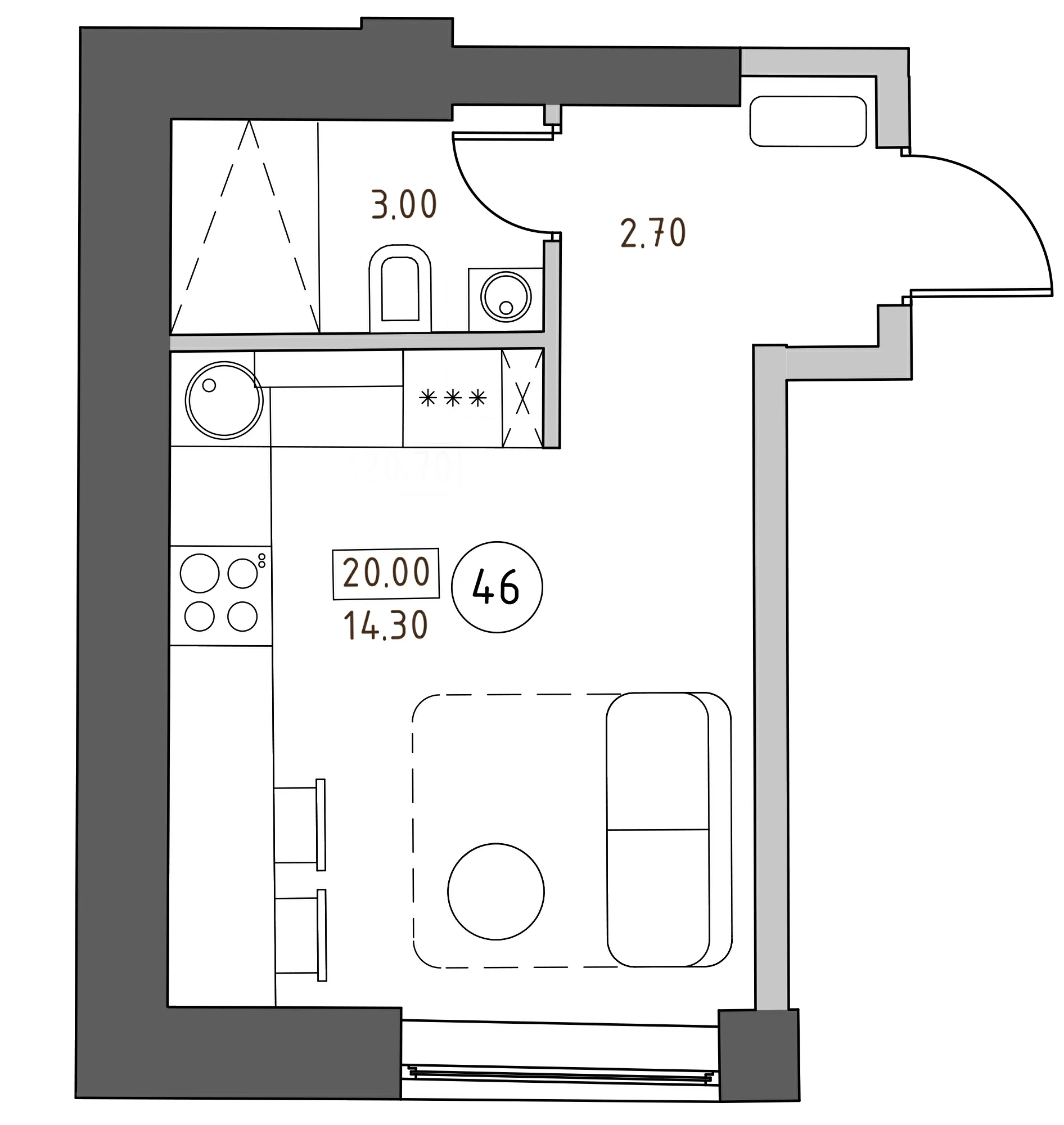 Планировка — Швецова, 4, Студия, 20 м²