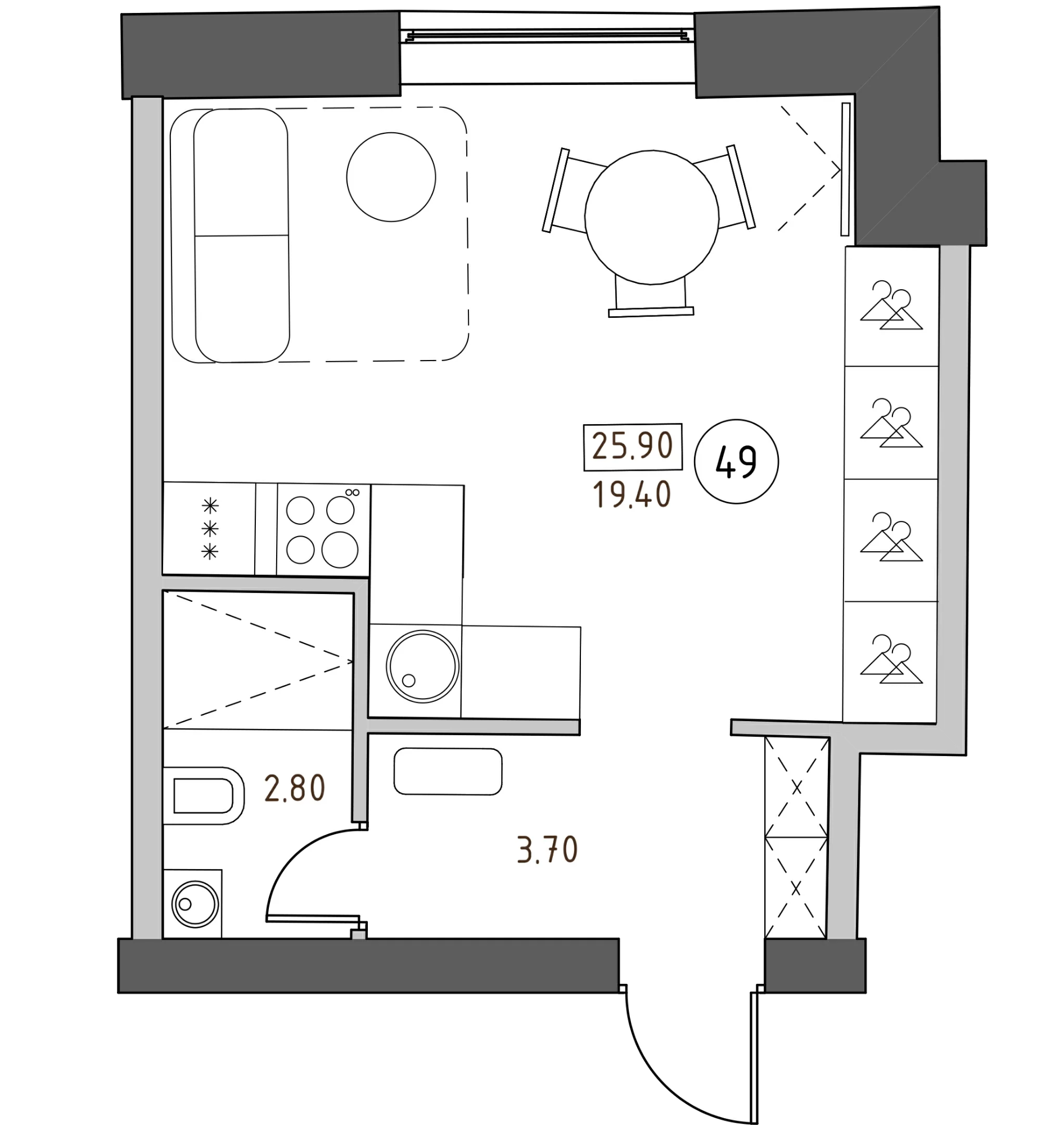 Планировка — Швецова, 4, Студия, 26 м²
