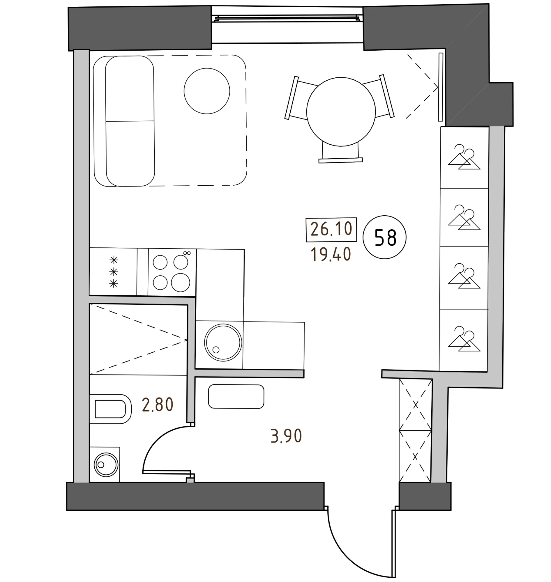 Планировка — Швецова, 4, Студия, 26 м²
