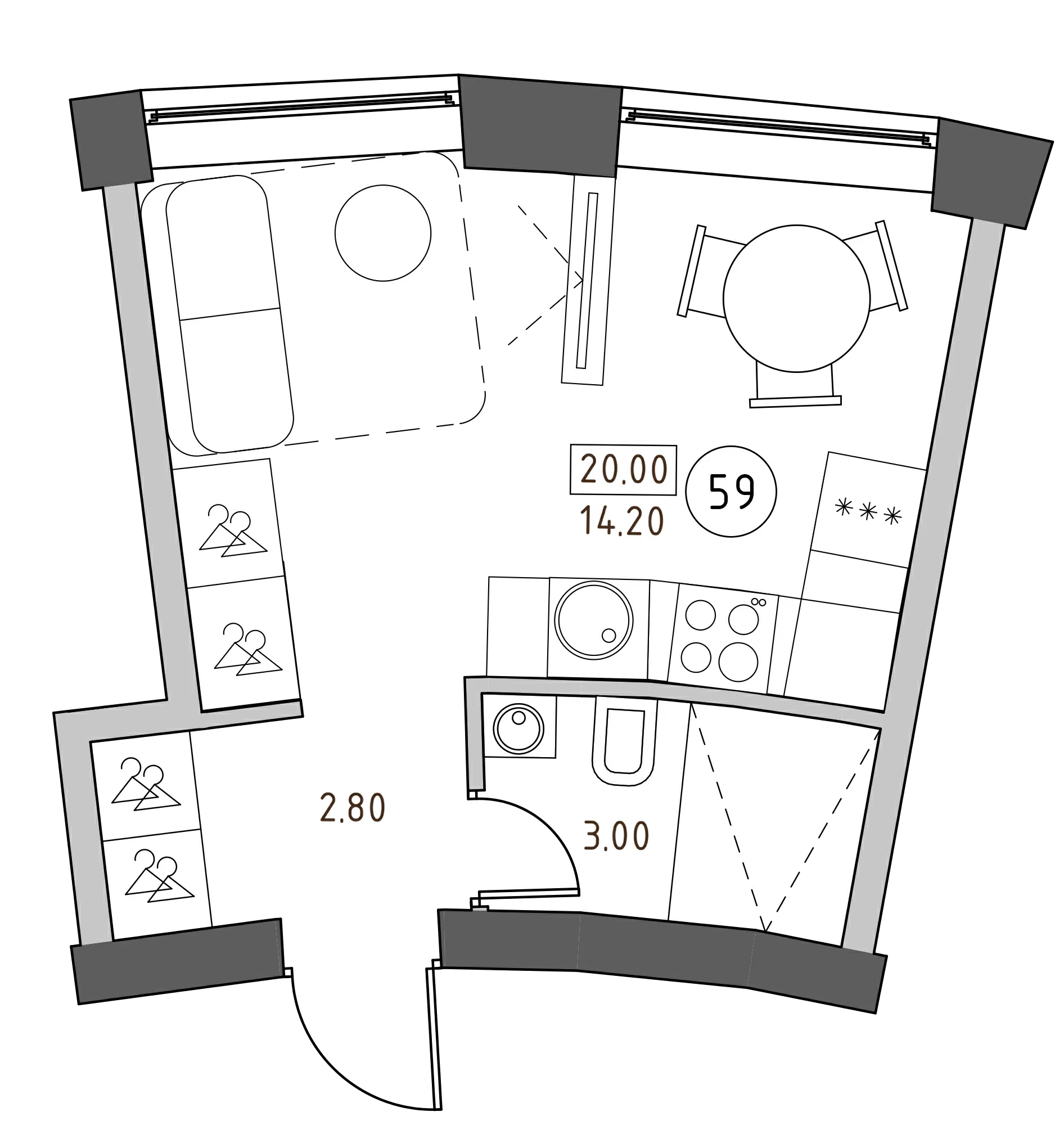 Планировка — Швецова, 4, Студия, 20 м²