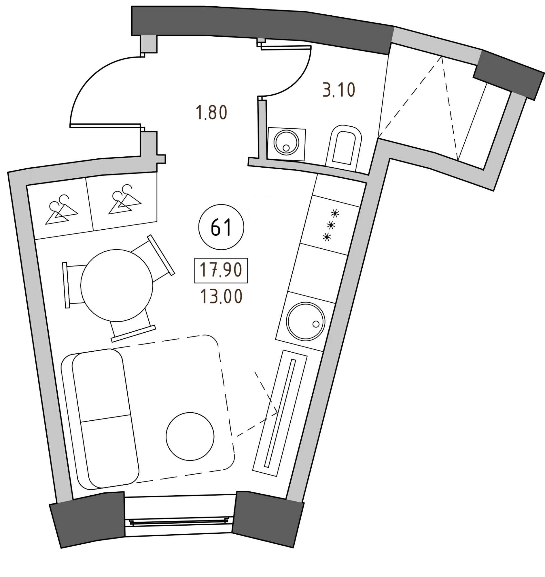 Планировка — Швецова, 4, Студия, 18 м²