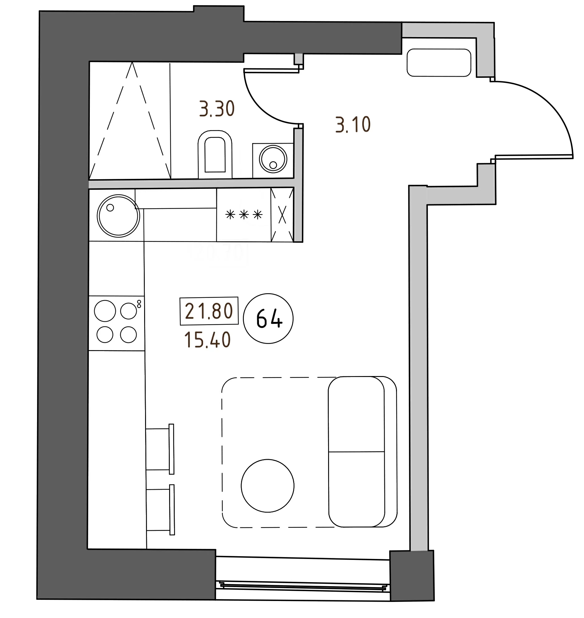 Планировка — Швецова, 4, Студия, 22 м²