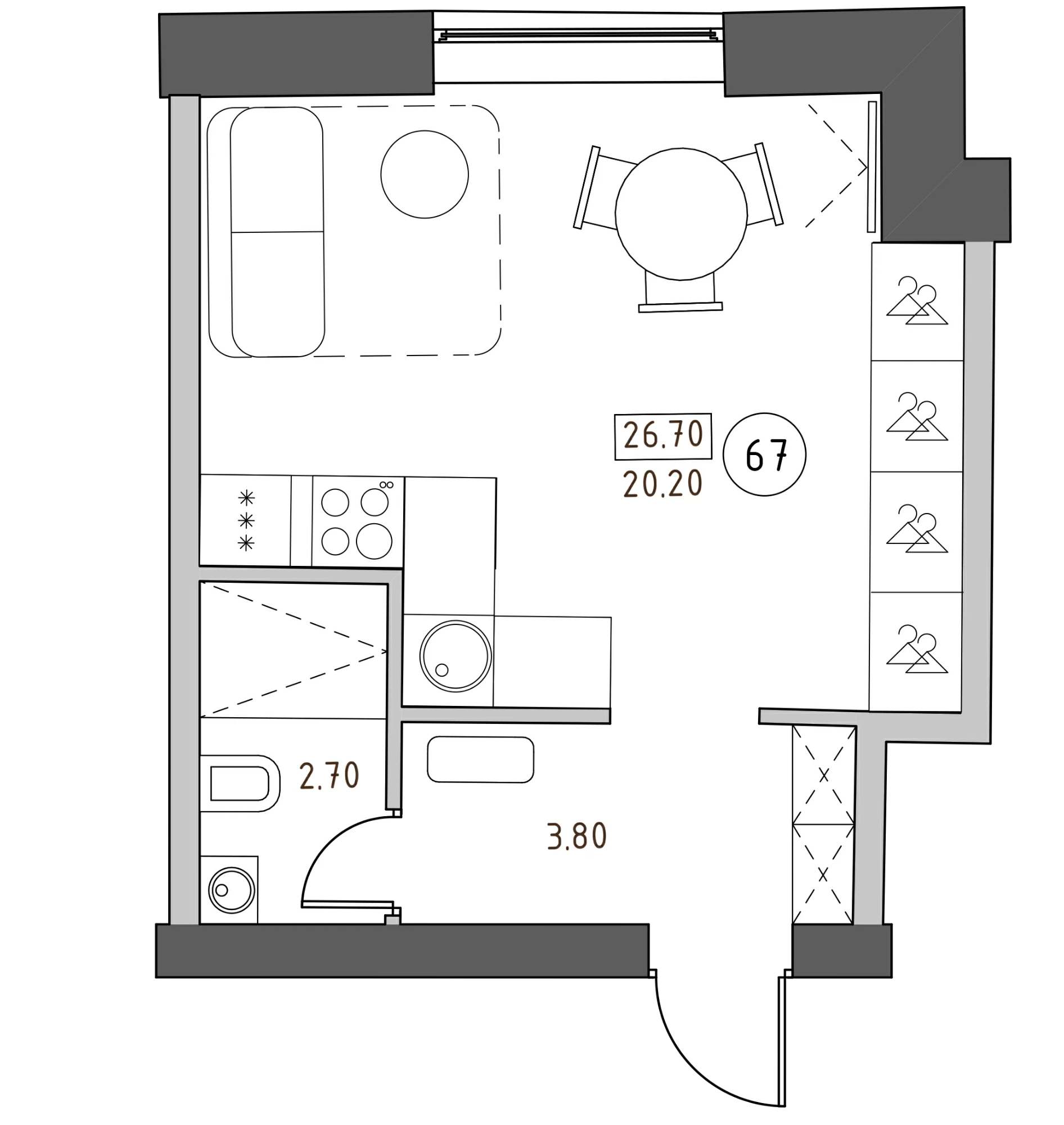 Планировка — Швецова, 4, Студия, 27 м²