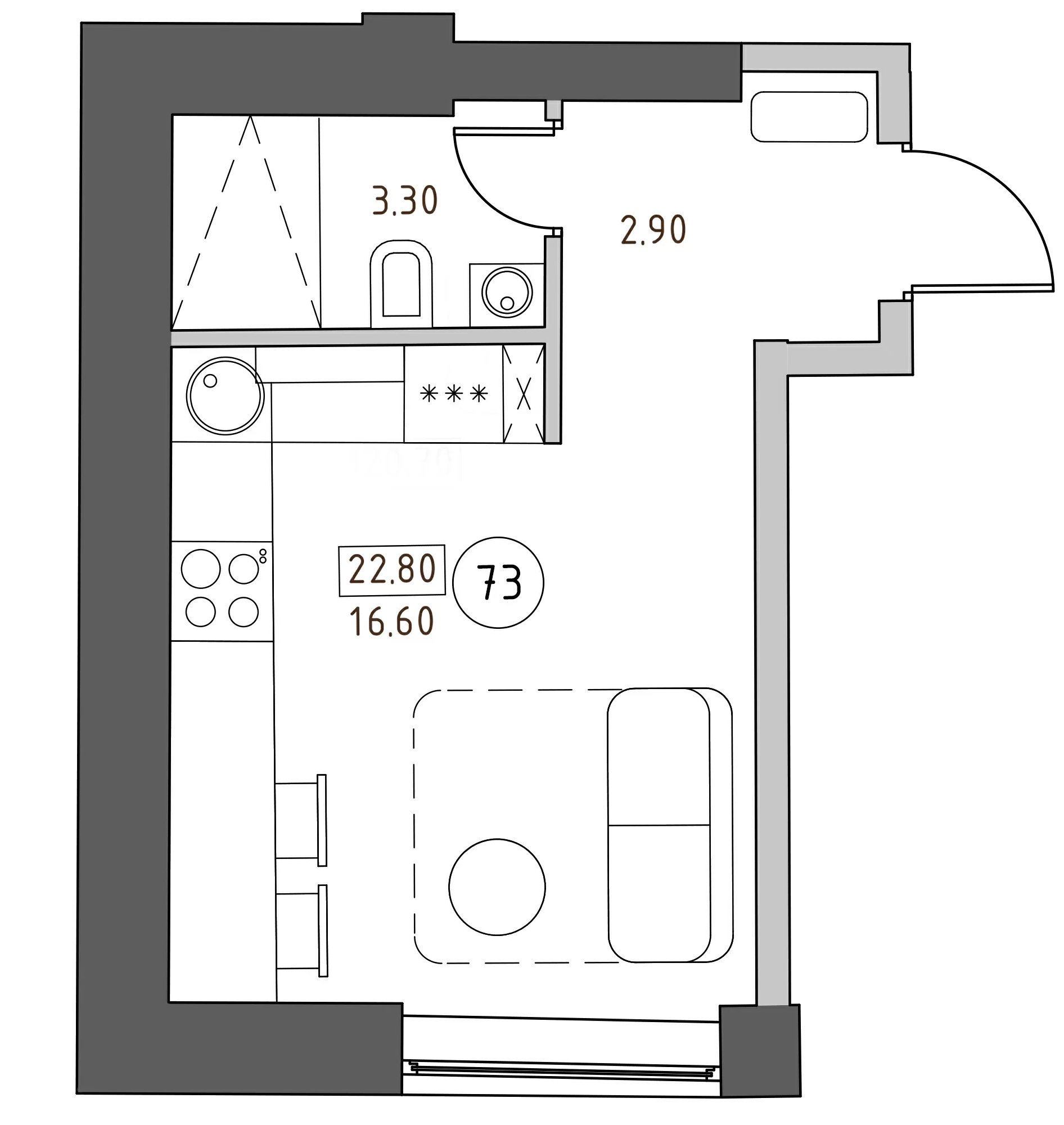 Планировка — Швецова, 4, Студия, 23 м²