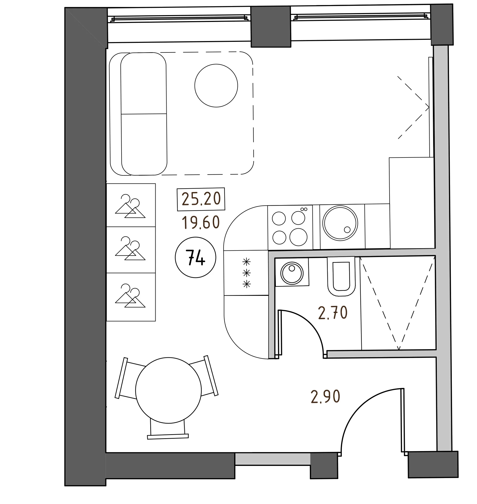 Планировка — Швецова, 4, Студия, 25 м²