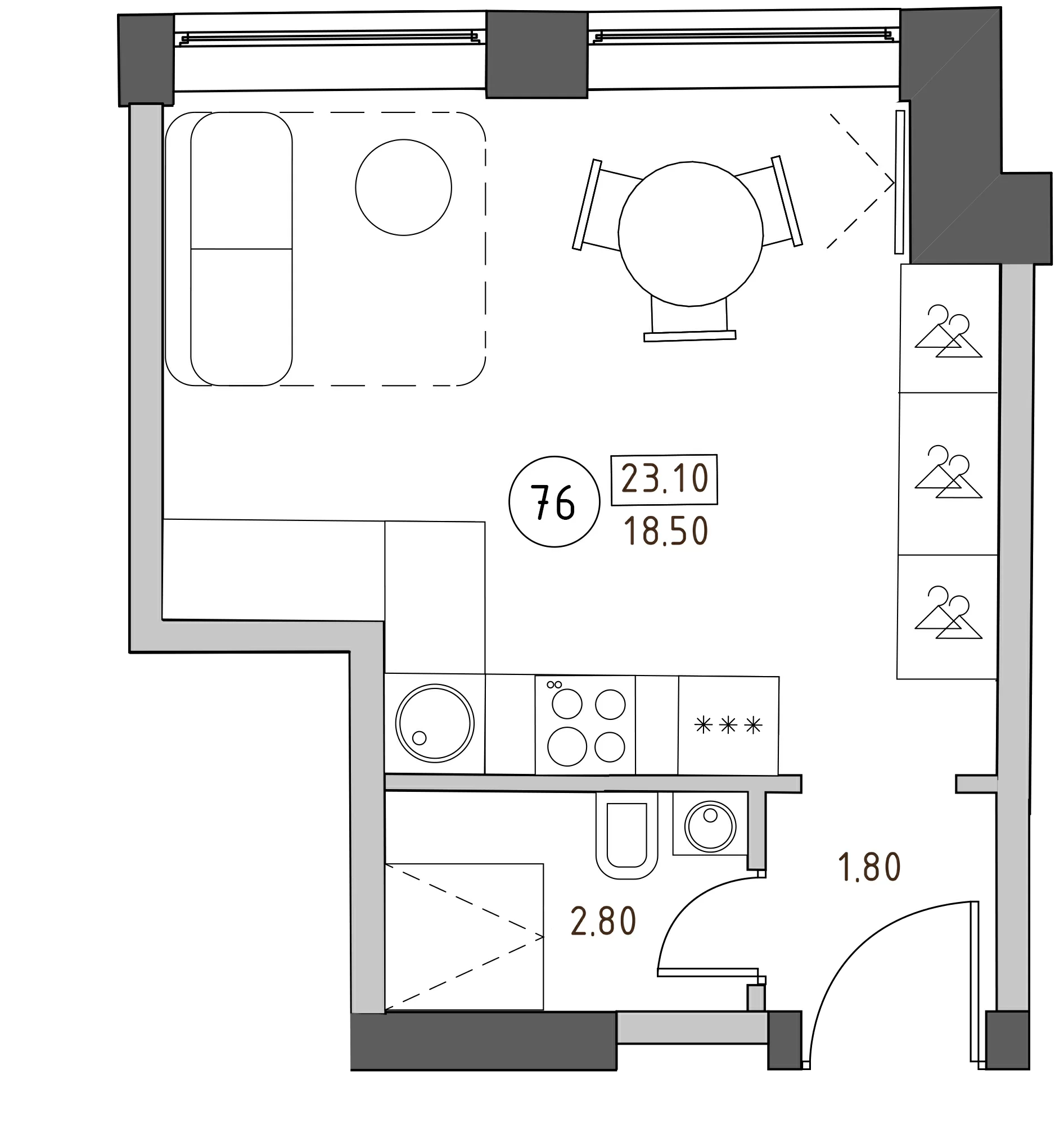 Планировка — Швецова, 4, Студия, 23 м²