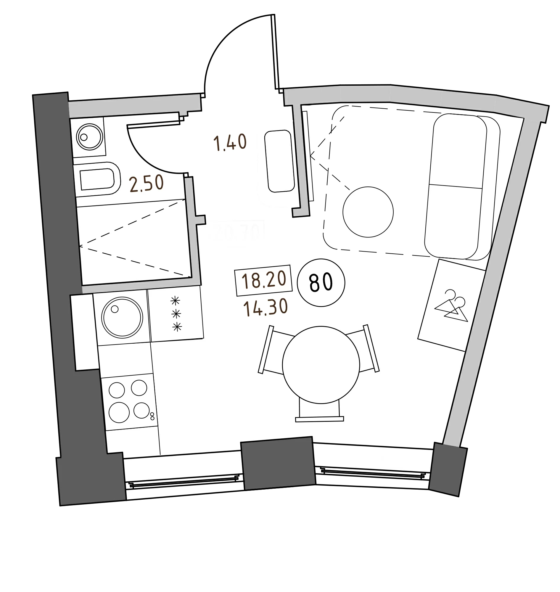 Планировка — Швецова, 4, Студия, 18 м²