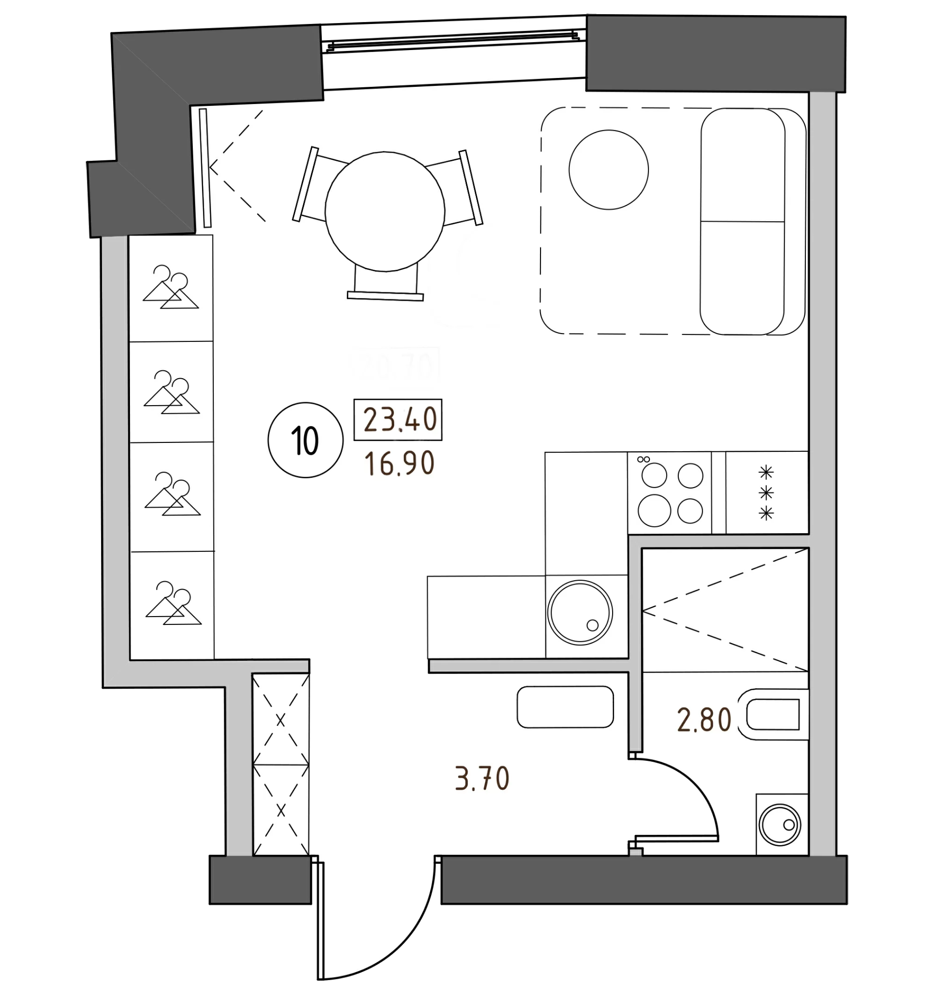 Планировка — Швецова, 4, Студия, 23 м²