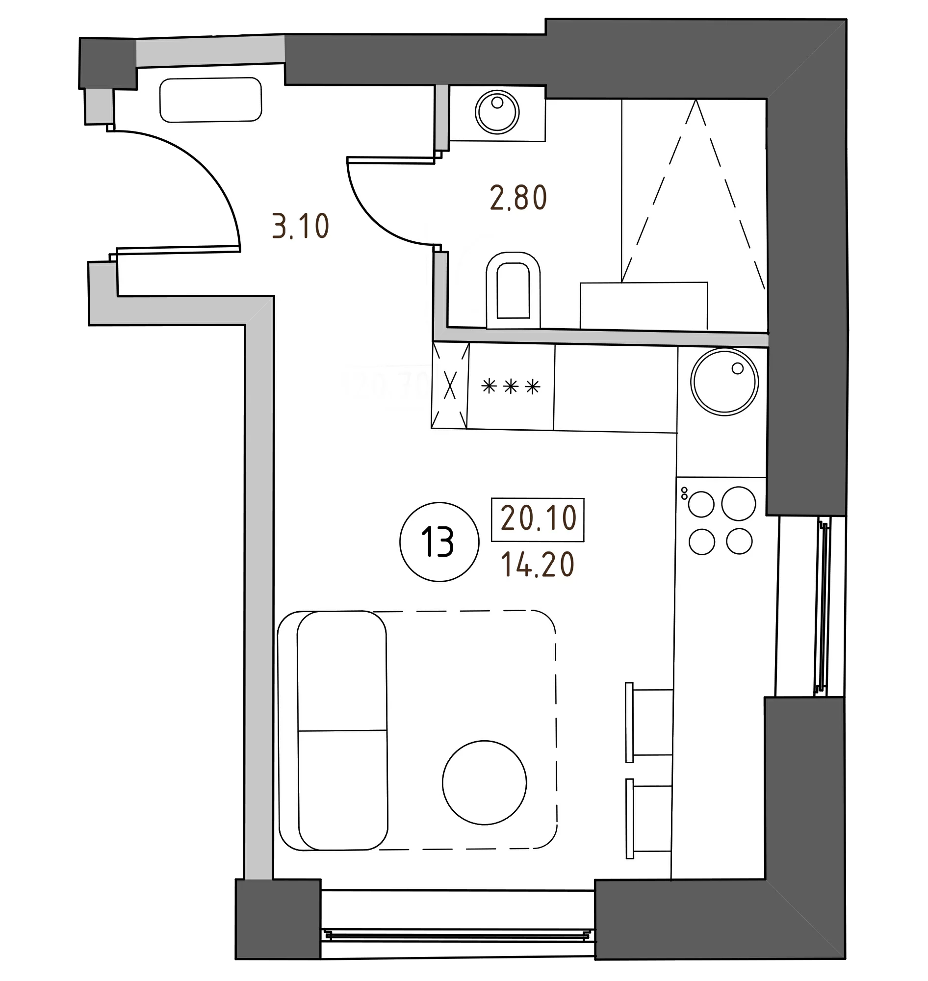 Планировка — Швецова, 4, Студия, 20 м²