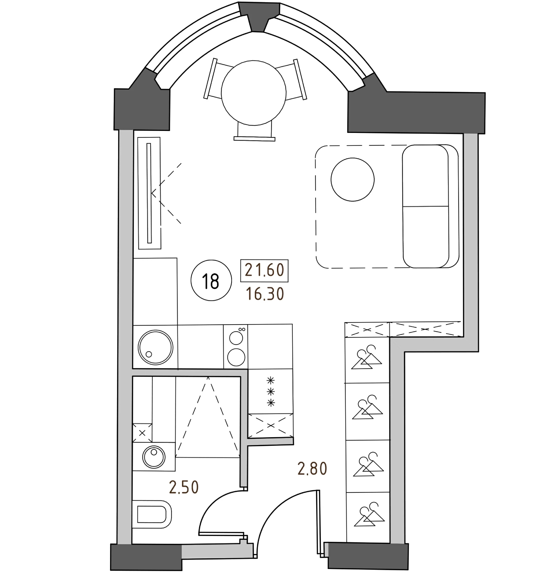 Планировка — Швецова, 4, Студия, 22 м²