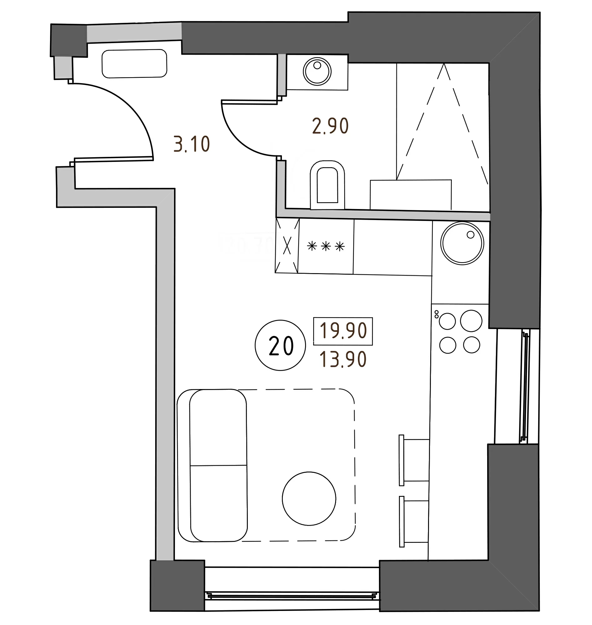Планировка — Швецова, 4, Студия, 20 м²