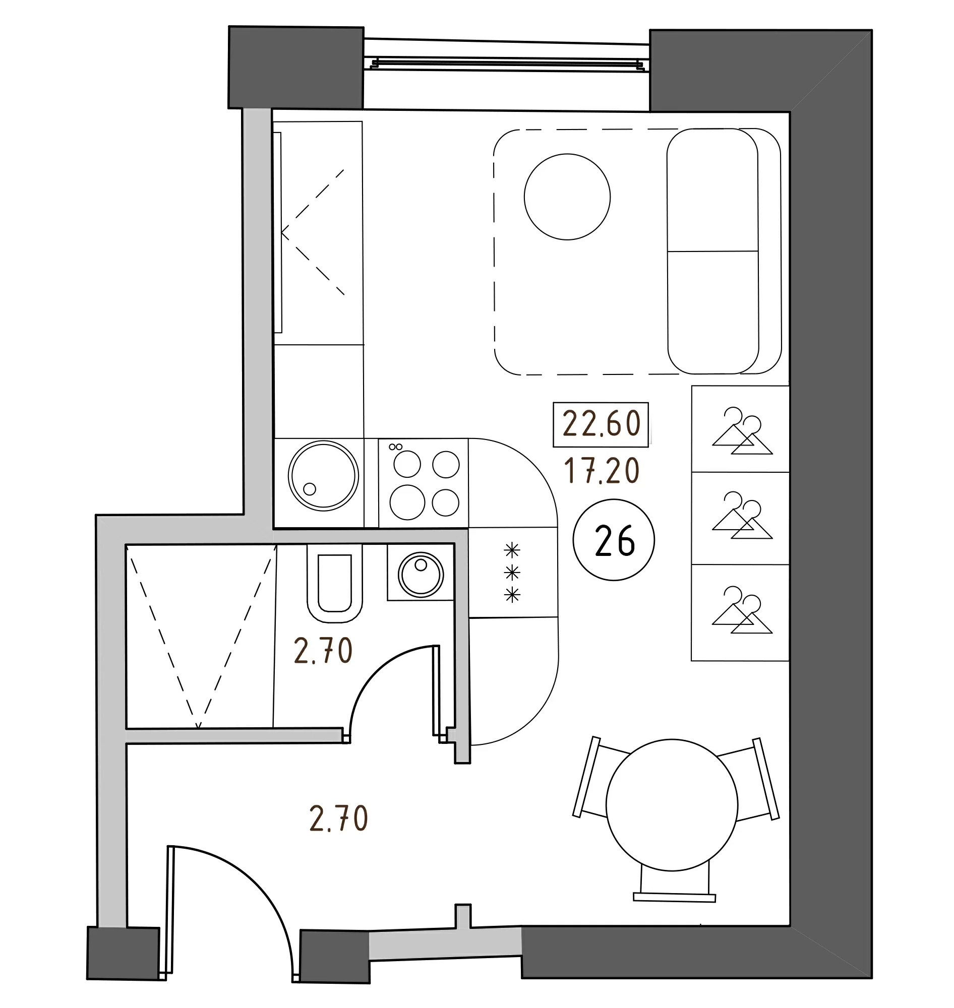 Планировка — Швецова, 4, Студия, 23 м²