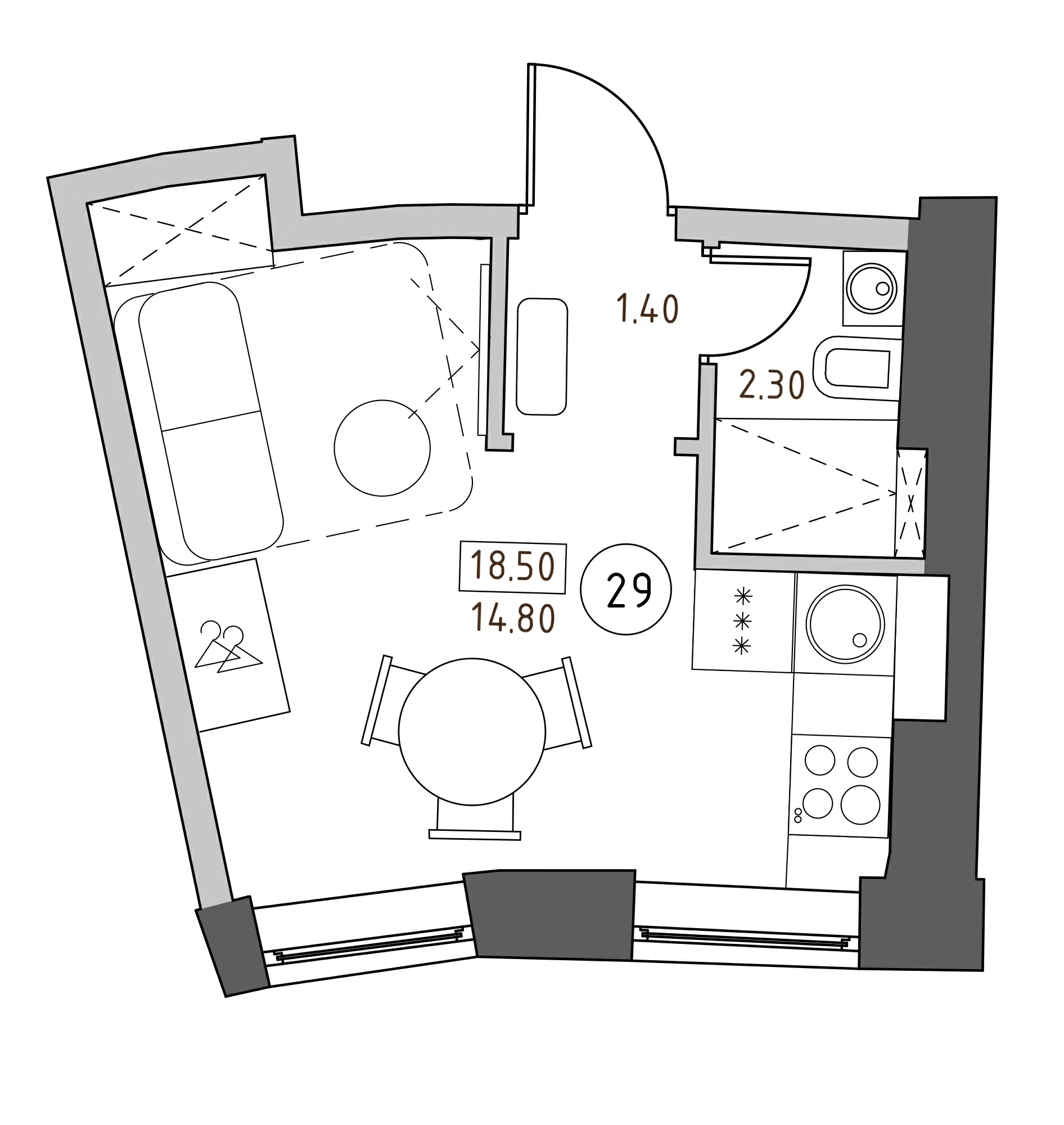 Планировка — Швецова, 4, Студия, 19 м²