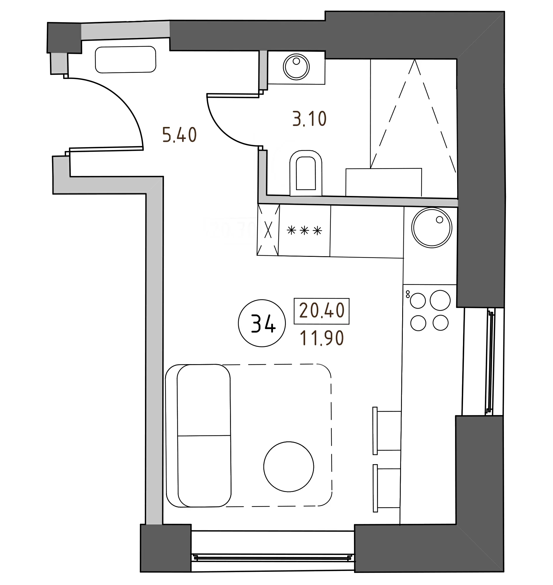 Планировка — Швецова, 4, Студия, 20 м²