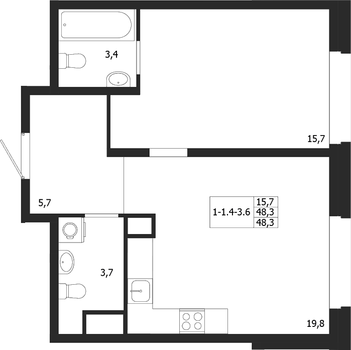 Планировка — ЛДМ, 1-комн., 48 м²