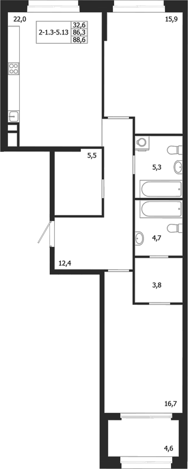 Планировка — ЛДМ, 2-комн., 86 м²