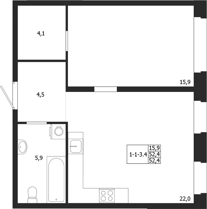 Планировка — ЛДМ, 1-комн., 52 м²