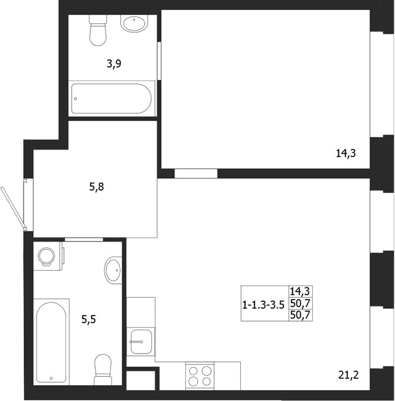 Планировка — ЛДМ, 1-комн., 51 м²