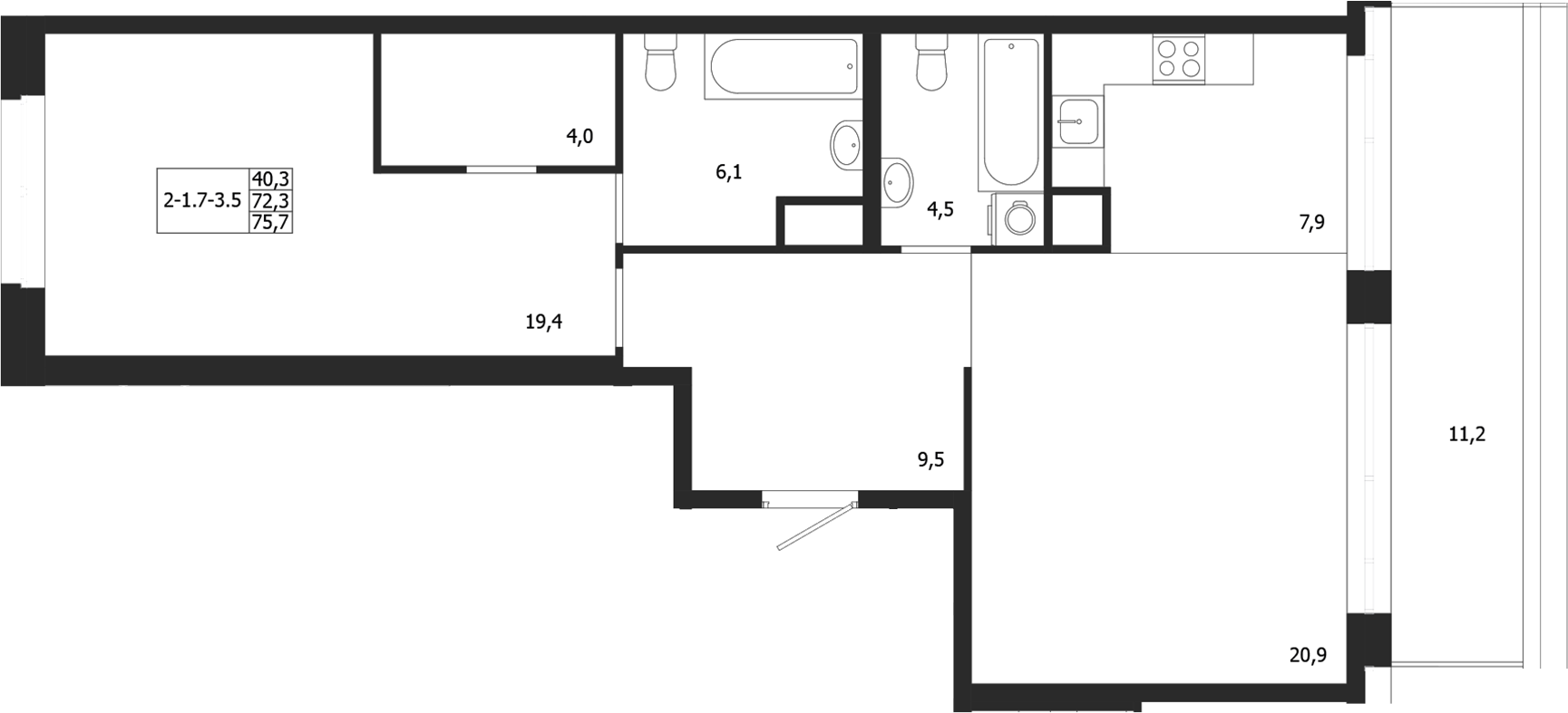 Планировка — ЛДМ, 1-комн., 72 м²