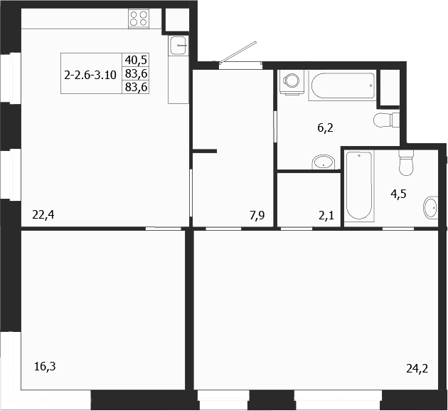 Планировка — ЛДМ, 2-комн., 84 м²