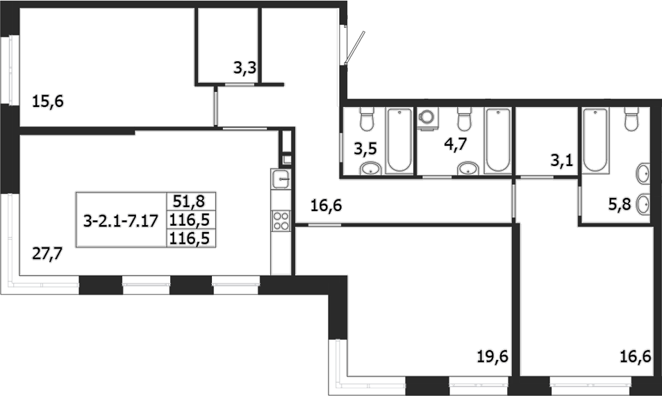 Планировка — ЛДМ, 3-комн., 117 м²