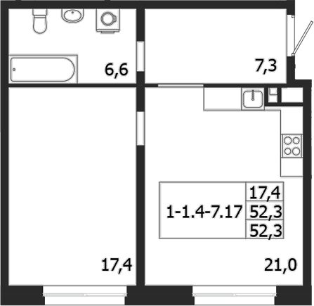 Планировка — ЛДМ, 1-комн., 52 м²