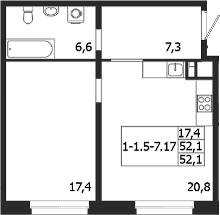 Планировка — ЛДМ, 1-комн., 52 м²