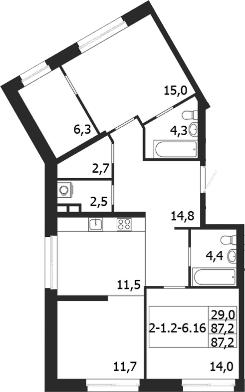 Планировка — ЛДМ, 2-комн., 87 м²