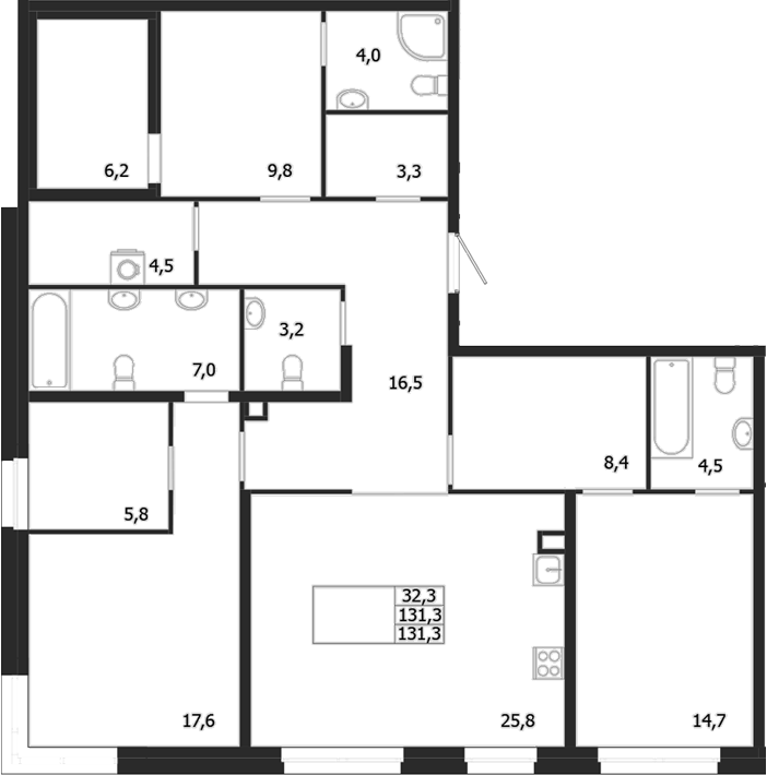 Планировка — ЛДМ, 3-комн., 131 м²