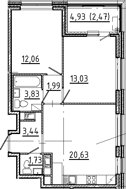 Планировка — Новгородская 8, 3-комн., 57 м²