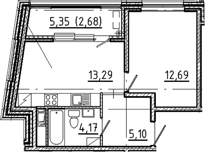 Планировка — Новгородская 8, 1-комн., 35 м²