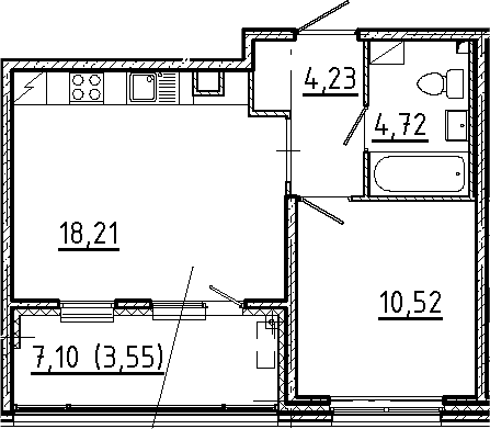 Планировка — Новгородская 8, 2-комн., 38 м²