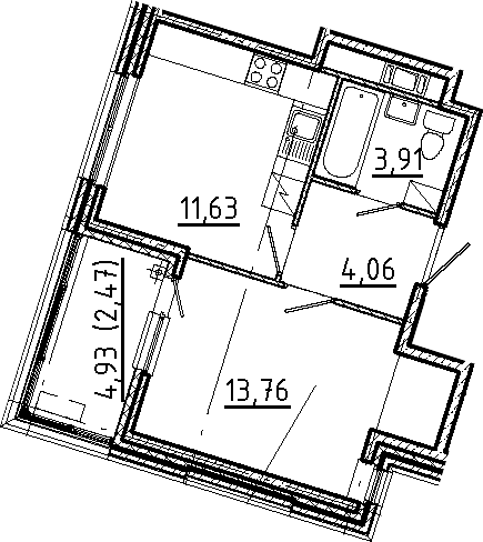 Планировка — Новгородская 8, 1-комн., 33 м²