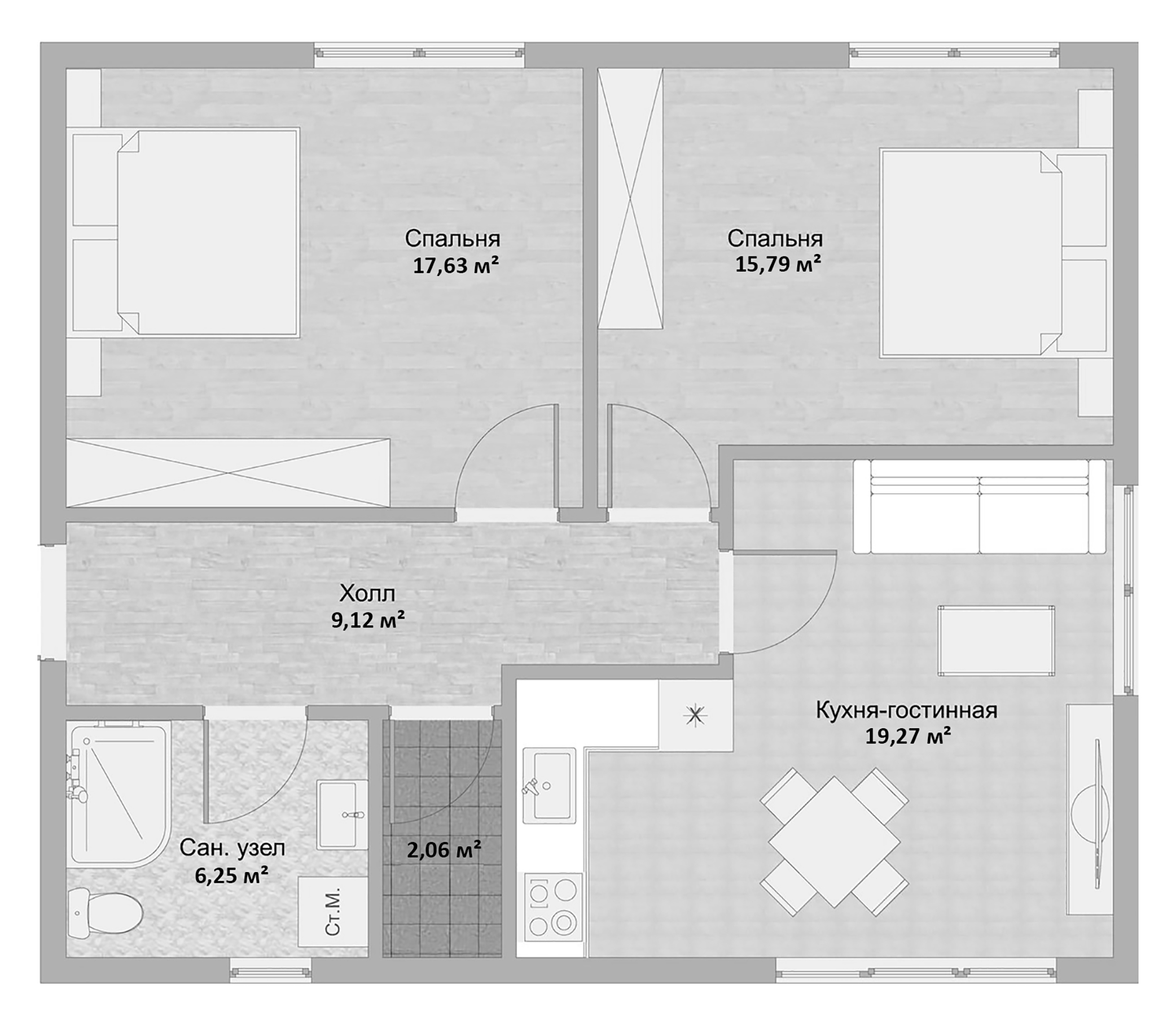 Планировка — Коттеджный поселок Финская деревня Юг, 2-комн., 70 м²